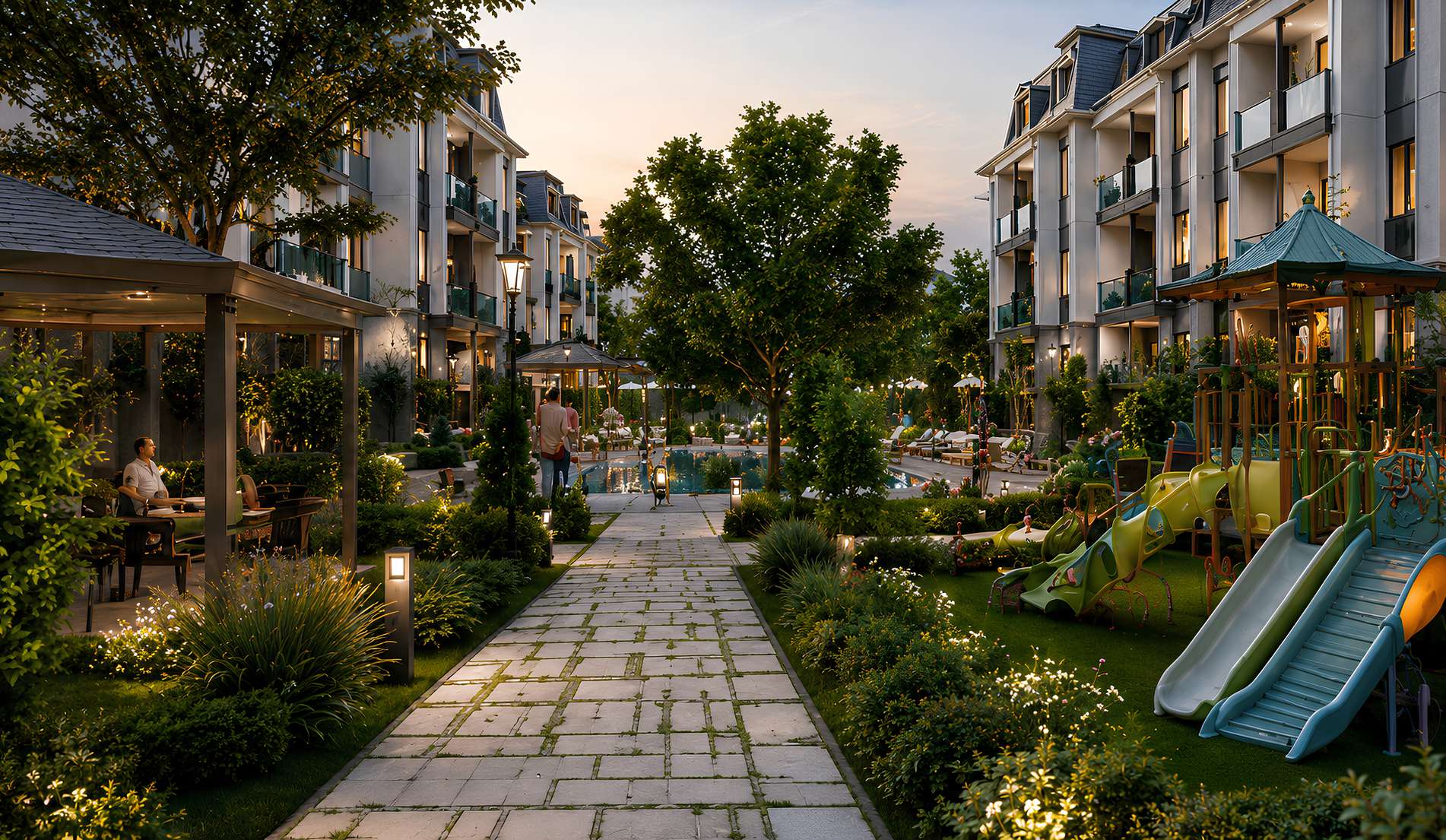 Sky Homes peyzaj, havuz ve aile yaşam alanı